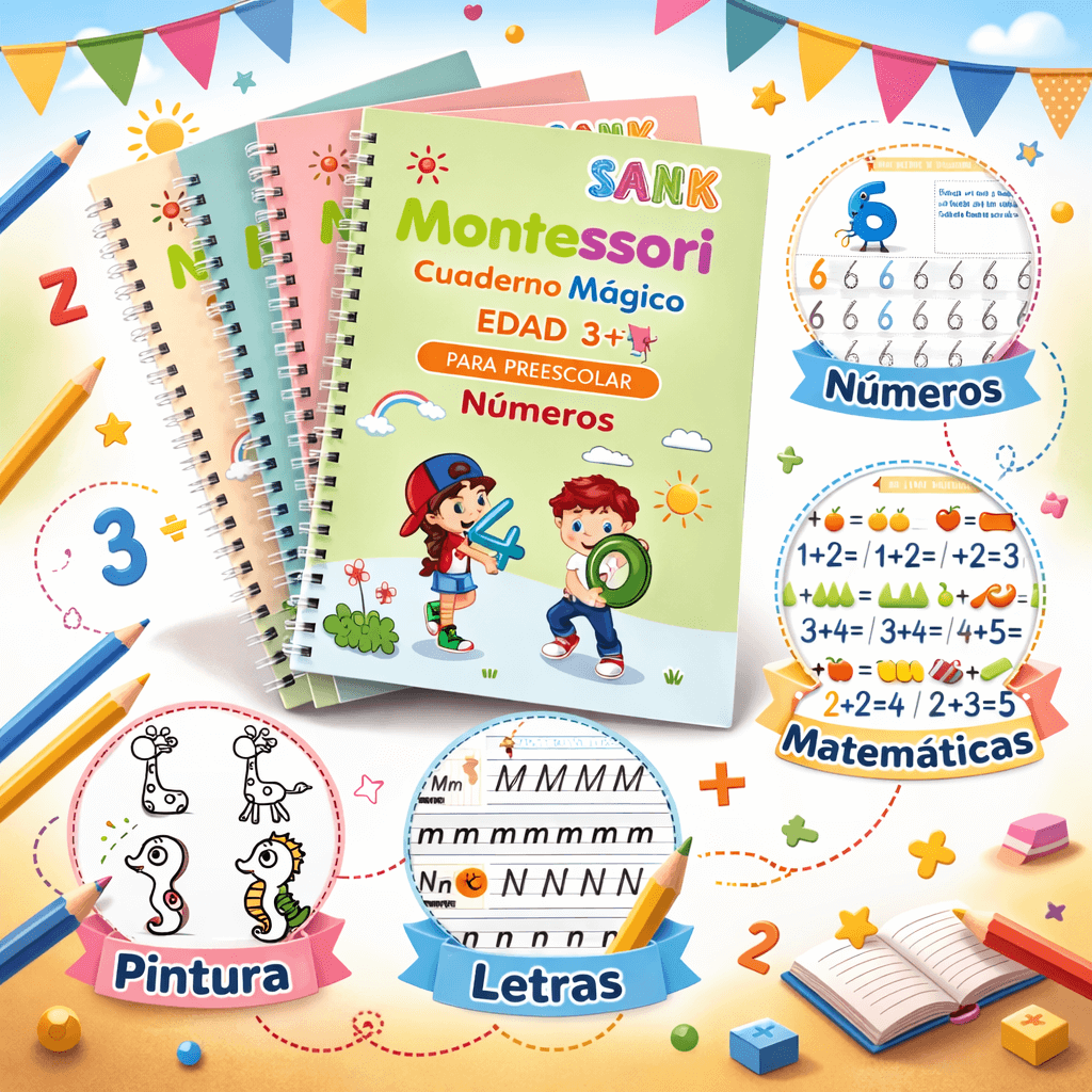 Cuaderno Mágico Montessori 4 en 1 ✍️ Reutilizable + Lápiz y 10 Tintas | OFERTA $27.990